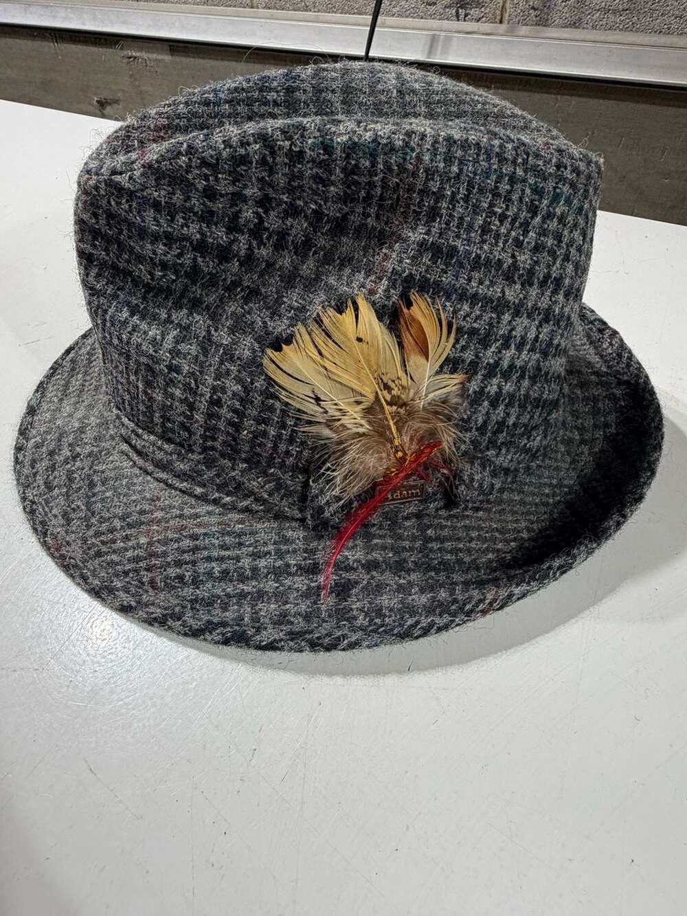 Vintage Adam New York Wool Plaid Fedora Hat with Feather Accent